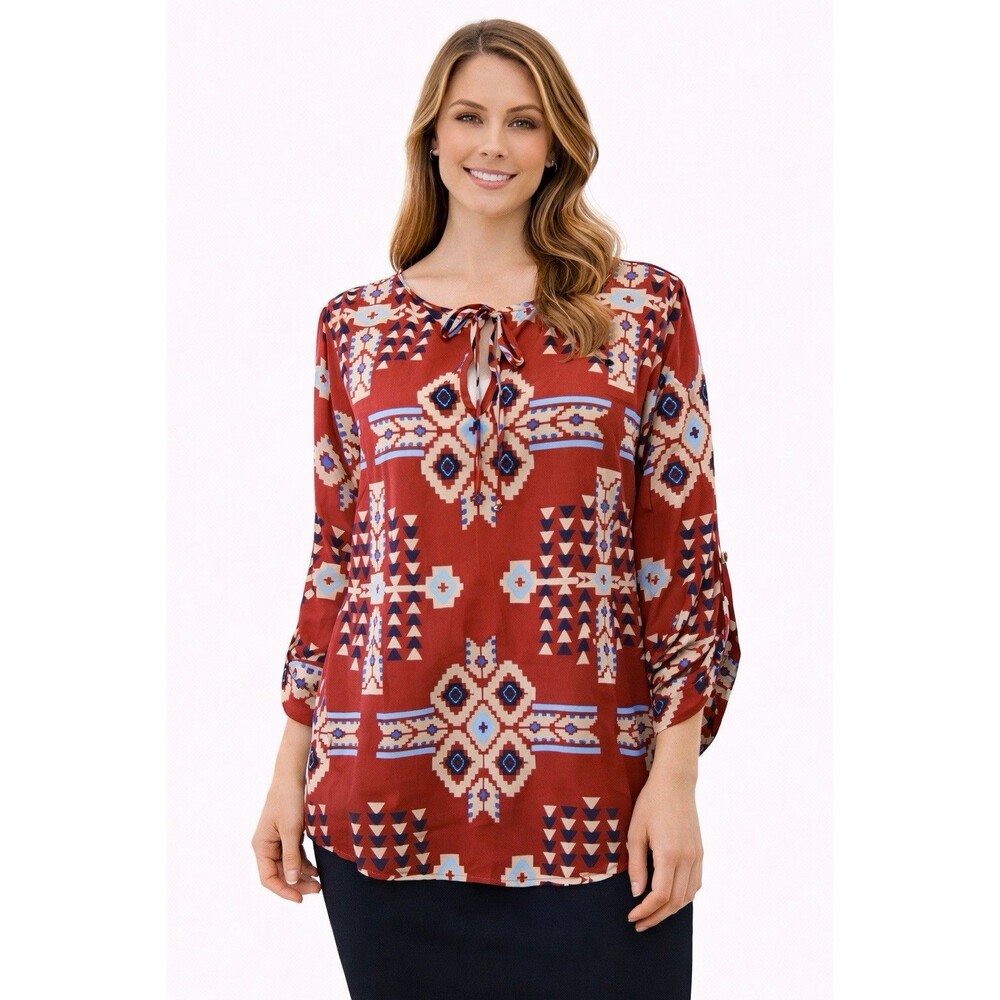 Daytrip Aztec Print Blouse Size‎ L Red Boho Western Tie Neck Roll TabSleeve